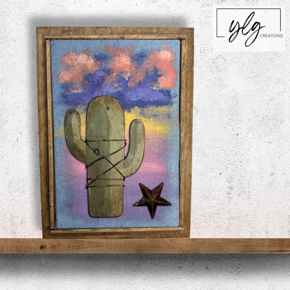 Mixed Media Wall Art Saguaro Cactus Scene Sunset Stars Desert Southwest 6 x 8